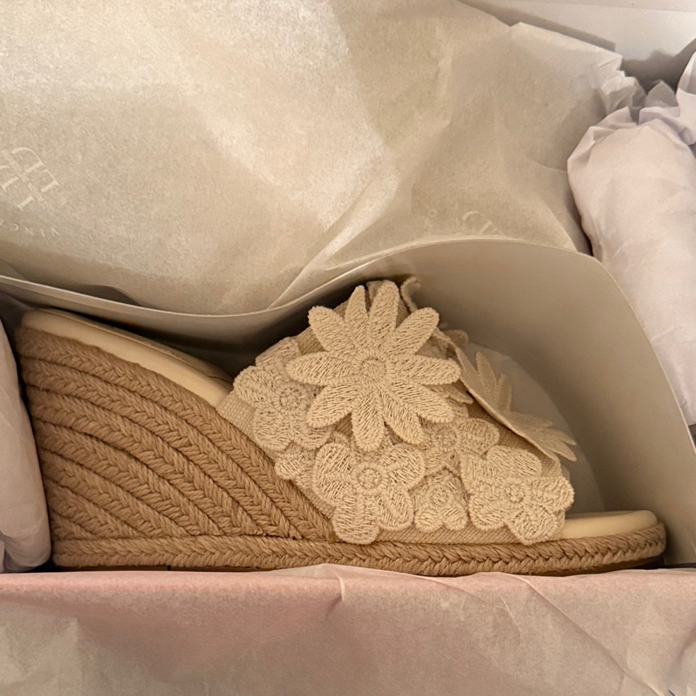 Vince Camuto Crochet Floral Wedge Slides in Beige